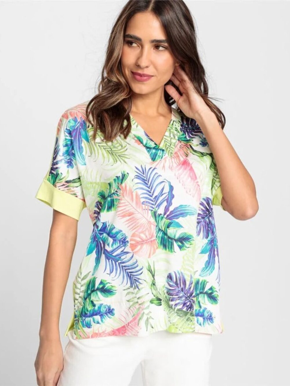 Olsen Women's Lime Tropical Leaf Print V-Neck M Top Batwing Sleeve Cotton Blouse